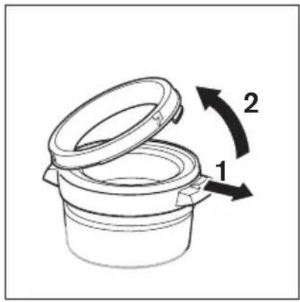 Diagram of a cooking pot with labeled parts and rotation arrows indicating movement from 1 to 2.
