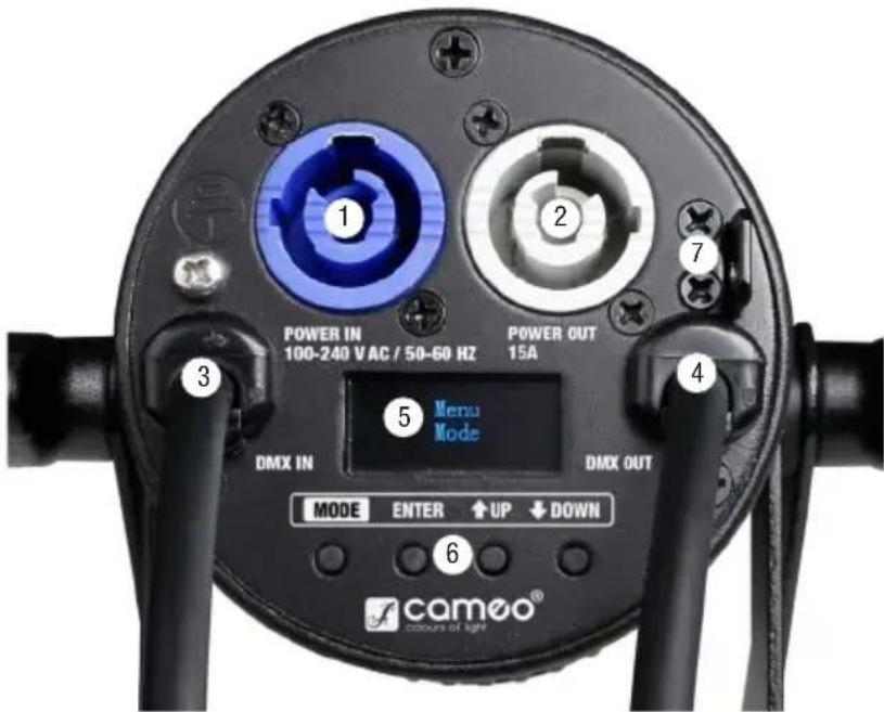Cameo QSpot 15 W - CONNECTIONS, CONTROLS AND INDICATORS / ANSCHLUSSE, BEDIEN- UND ANZEIGELEMENTE / CONNECTEURS, CONTROLES ET INDICATEURS / CONEXIONES, CONTROLES E INDICADORES / PRZYŁACZA, ELEMENTY OBSŁUGI I WSKAZNIKI - 1