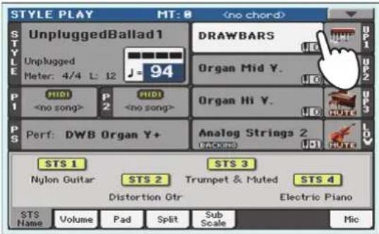 KORG Pa900 - À la page principale, touchez la zone "drawbars" pour ouvrir la fenêtre "sound select". touchez ensuite le son drawbars sélectionné pour ouvrir la page "drawbars setting". - 1