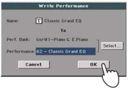KORG Pa900 - Quand vous avez changé le nom de la performance et choisi la mémoire de destination, touchez [OK] pour sauvegarder la performance (ou [cancel] pour annuler l'opération). - 1