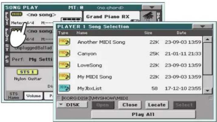 KORG Pa900 - Touchez la zone du player 1 pour ouvrir la fenêtre "song select - 1