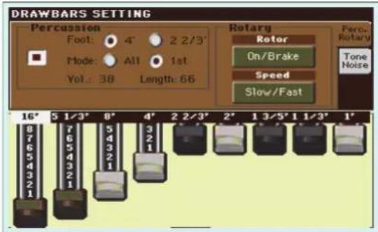KORG Pa900 - À la page principale, touchez la zone "drawbars" pour ouvrir la fenêtre "sound select". touchez ensuite le son drawbars sélectionné pour ouvrir la page "drawbars setting". - 5