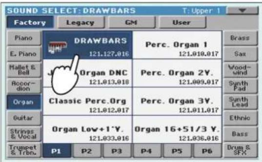 KORG Pa900 - À la page principale, touchez la zone "drawbars" pour ouvrir la fenêtre "sound select". touchez ensuite le son drawbars sélectionné pour ouvrir la page "drawbars setting". - 3