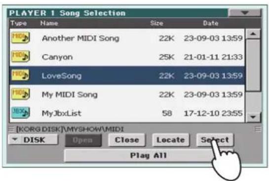 KORG Pa900 - Quand le morceau est sélectionné, touche le bouton [select] pour confirmer votre choix et fermer automatiquement la fenêtre "song select". - 1