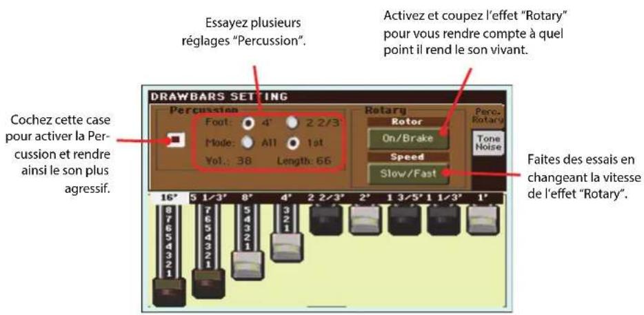 KORG Pa900 - À la page principale, touchez la zone "drawbars" pour ouvrir la fenêtre "sound select". touchez ensuite le son drawbars sélectionné pour ouvrir la page "drawbars setting". - 6
