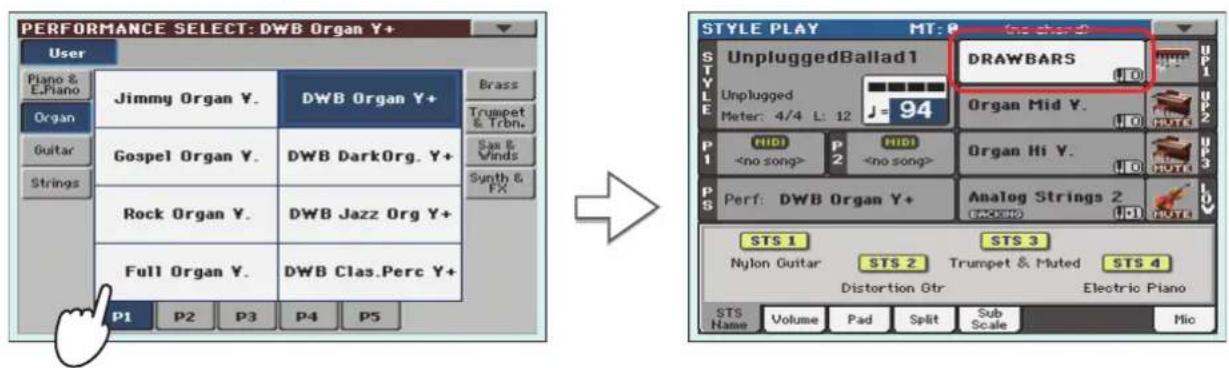 KORG Pa900 - Appuyez sur le bouton ORGAN de la section performance pour afficher la fenêtre "performance select" puis sélectionnez "DWB ORGAN y+ - 2