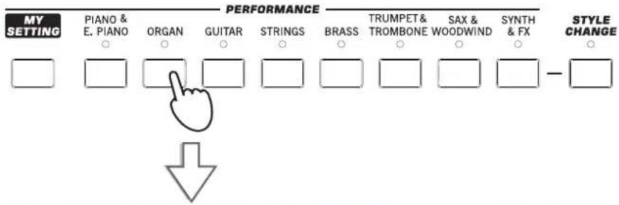 KORG Pa900 - Appuyez sur le bouton ORGAN de la section performance pour afficher la fenêtre "performance select" puis sélectionnez "DWB ORGAN y+ - 1