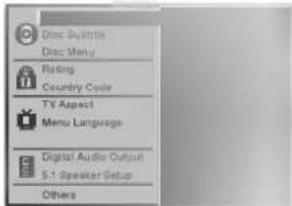 Disc Subtitle Disc Menu Rating Country Code TV Aspect Menu Language Digital Audio Output 5.1 Speaker Setup Others
