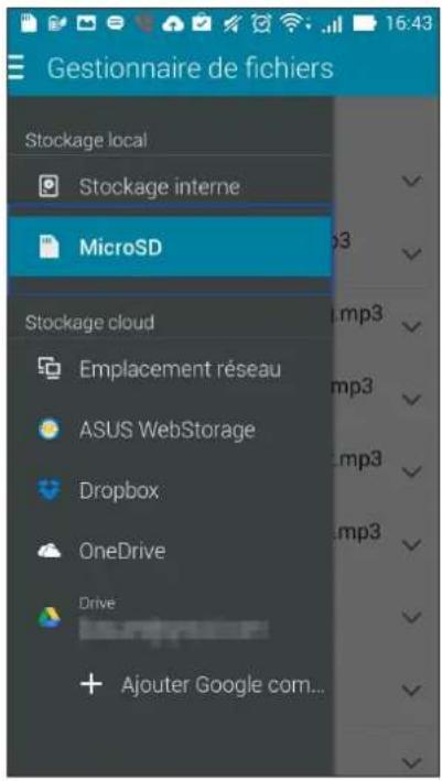 Gestionnaire de fichiers Stockage local Stockage interne MicroSD Stockage cloud Emplacement réseau ASUS WebStorage Dropbox OneDrive Drive Ajouter Google com...