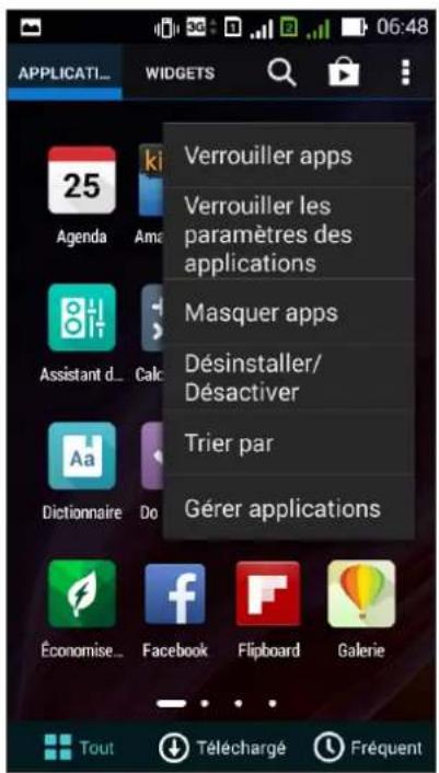 25 Agenda Ame Verrouiller apps Verrouiller les paramètres des applications Masquer apps Désinstaller/ Désactiver Trier par Gérer applications Économise... Facebook Flipboard Galerie Tout Téléchargé Fréquent