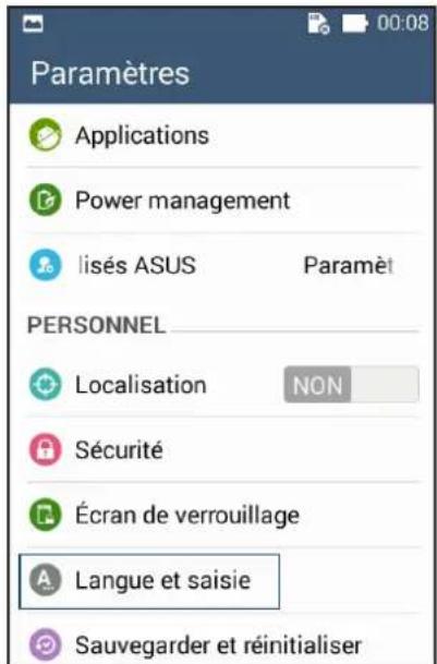 Paramètres Applications Power management lisés ASUS Paramèt PERSONNEL Localisation NON Sécurité Écran de verrouillage Langue et saisie Sauvegarder et réinitialiser