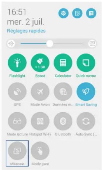 16:51 mer. 2 juil. Réglages rapides Flashlight Boost > 1 GB Calculator Quick memo GPS Mode Avion Données m... Smart Saving Mode lecture Hotspot Wi-Fi Bluetooth Auto-Sync (.. Miracast Mode gant