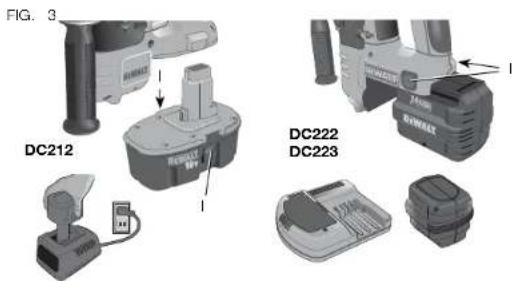 DEWALT DC223 - Installing and Removing the Battery Pack (Fig. 3) - 1