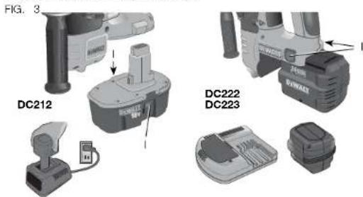 DEWALT DC223 - Instalación y extracción del paque de baterías (Fig. 3) - 1