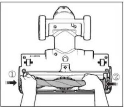 Technical diagram showing a mechanical device with labeled parts and directional arrows indicating process flow