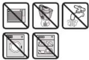 Image showing six different household appliances with prohibition signs, including a microwave oven, fire extinguisher, toilet, washing machine, and a bag.