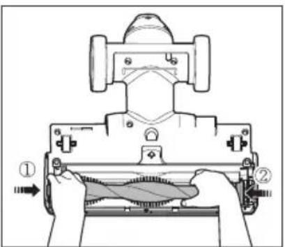 Technical diagram showing a hand operating a mechanical device with labeled parts and directional arrows indicating process flow.