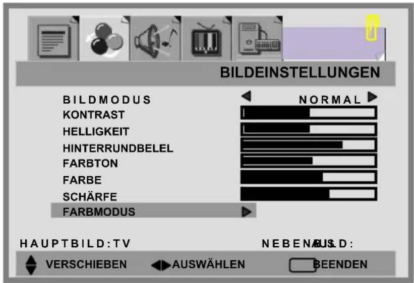 BILDEINSTELLUNGEN BILD MODUS KONTRAST HELLIGKEIT HINTERRUNDBELEL FARBTON FARBE SCHÄRFE FARBMODUS NORMAL HAUPTBILD:TV NEBEN AUS D: VERSCHIEBEN AUSWÄHLEN BEENDEN