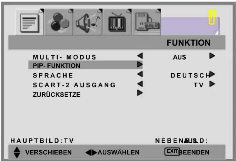 FUNKTION MULTI- MODUS PIP- FUNKTION SPRACHE SCART-2 AUSGANG ZURÜCKSETZE AUS DEUTSCH TV HAUPTBILD:TV NEBENÄUSD: VERSCHIEBEN AUSWÄHLEN EXITBEENDEN