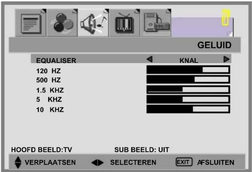 GELUID EQUALISER KNAL 120 HZ 500 HZ 1.5 KHZ 5 KHZ 10 KHZ HOOFD BEELD:TV SUB BEELD: UIT VERPLAATSEN SELECTEREN EXIT AFSLUITEN