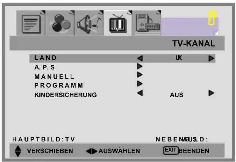 TV-KANAL LAND UK A. P. S MANUELL PROGRAMM KINDERSICHERUNG AUS HAUPTBILD:TV NEBENUS.D: VERSCHIEBEN AUSWÄHLEN EXIT_BEENDEN