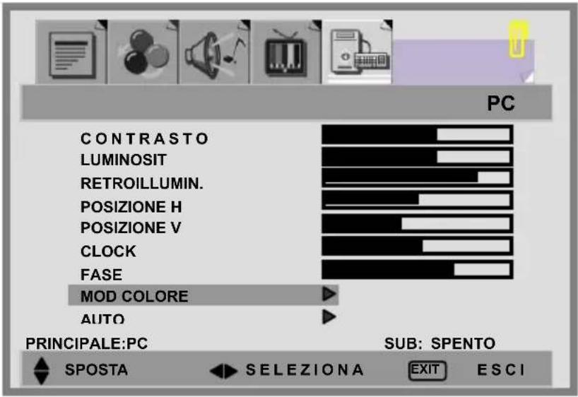 PC CONTRASTO LUMINOSIT RETROILLUMIN. POSIZIONE H POSIZIONE V CLOCK FASE MOD COLORE AUTO PRINCIPALE:PC SUB: SPENTO SPOSTA SELEZIONA EXIT ESCI