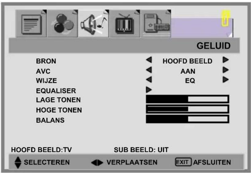 GELUID BRON AVC WIJZE EQUALISER LAGE TONEN HOGE TONEN BALANS HOOFD BEELD AAN EQ HOOFD BEELD:TV SUB BEELD: UIT SELECTEREN VERPLAATSEN EXIT AFSLUITEN