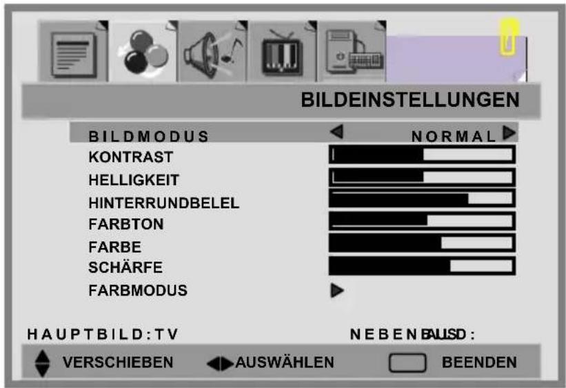 BILDEINSTELLUNGEN BILDMODUS NORMAL KONTRAST HELLIGKEIT HINTERRUNDBELEL FARBTON FARBE SCHÄRFE FARBMODUS HAUPTBILD:TV NEBEN BAUSD : VERSCHIEBEN AUSWÄHLEN BEENDEN