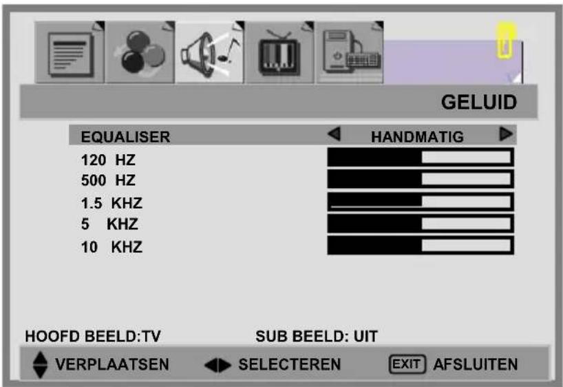 GELUID EQUALISER 120 HZ 500 HZ 1.5 KHZ 5 KHZ 10 KHZ HANDMATIG HOOFD BEELD:TV SUB BEELD: UIT VERPLAATSEN SELECTEREN EXIT AFSLUITEN