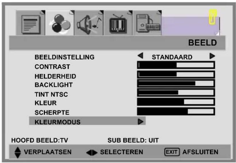 BEELD BEELDINSTELLING CONTRAST HELDERHEID BACKLIGHT TINT NTSC KLEUR SCHERPTE KLEURMODUS STANDAARD HOOFD BEELD:TV SUB BEELD: UIT VERPLAATSEN SELECTEREN EXIT AFSLUITEN