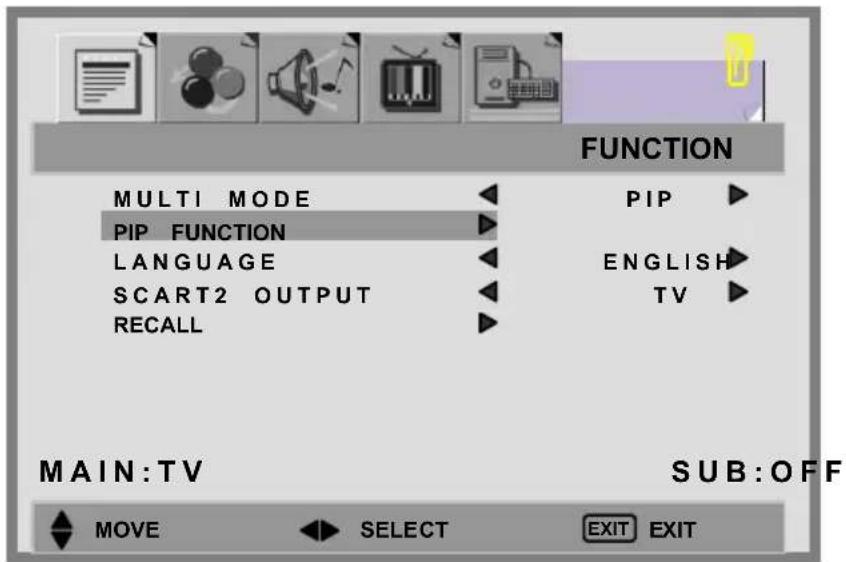 FUNCTION MULTI MODE PIP FUNCTION LANGUAGE SCART2 OUTPUT RECALL PIP ENGLISH TV MAIN:TV SUB:OFF MOVE SELECT EXIT EXIT