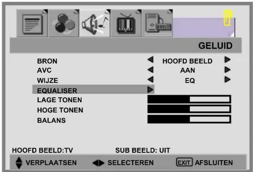 GELUID BRON AVC WIJZE EQUALISER LAGE TONEN HOGE TONEN BALANS HOOFD BEELD AAN EQ HOOFD BEELD:TV SUB BEELD: UIT VERPLAATSEN SELECTEREN EXIT AFSLUITEN