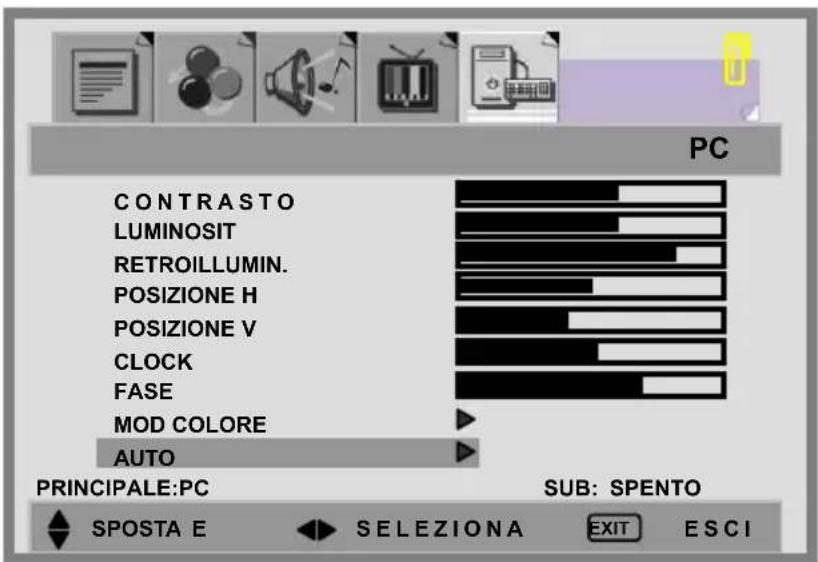 PC CONTRASTO LUMINOSIT RETROILLUMIN. POSIZIONE H POSIZIONE V CLOCK FASE MOD COLORE AUTO PRINCIPALE:PC SUB: SPENTO SPOSTA E SELEZIONA EXIT ESCI