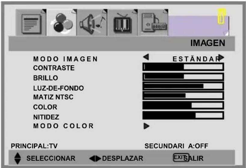 IMAGEN MODO IMAGEN CONTRASTE BRILLO LUZ-DE-FONDO MATIZ NTSC COLOR NITIDEZ MODO COLOR ESTÁNDAR PRINCIPAL:TV SECUNDARI A:OFF SELECCIONAR DESPLAZAR EXIT SALIR