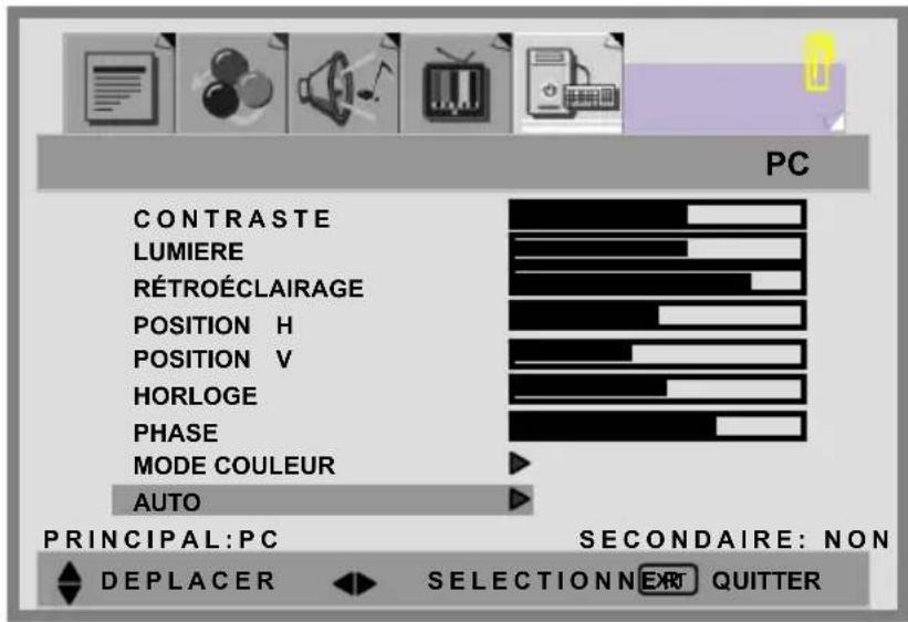 PC CONTRASTE LUMIERE RÉTROÉCLAIRAGE POSITION H POSITION V HORLOGE PHASE MODE COULEUR AUTO PRINCIPAL:PC SECONDAIRE: NON DEPLACER SELECTIONN EXT QUITTER