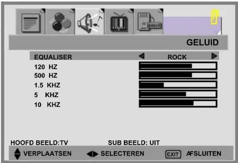 GELUID EQUALISER 120 HZ 500 HZ 1.5 KHZ 5 KHZ 10 KHZ ROCK HOOFD BEELD:TV SUB BEELD: UIT VERPLAATSEN SELECTEREN EXIT AFSLUITEN