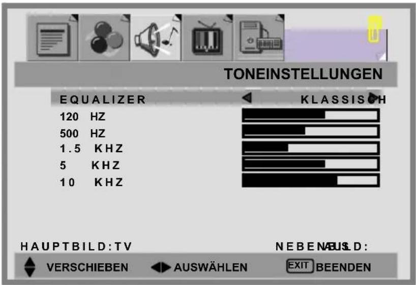 TONEINSTELLUNGEN EQUALIZER 120 Hz 500 Hz 1.5 KHz 5 KHz 10 KHz KLASSISCH HAUPTBILD:TV NEBENABUSD: VERSCHIEBEN AUSWÄHLEN EXIT BEENDEN