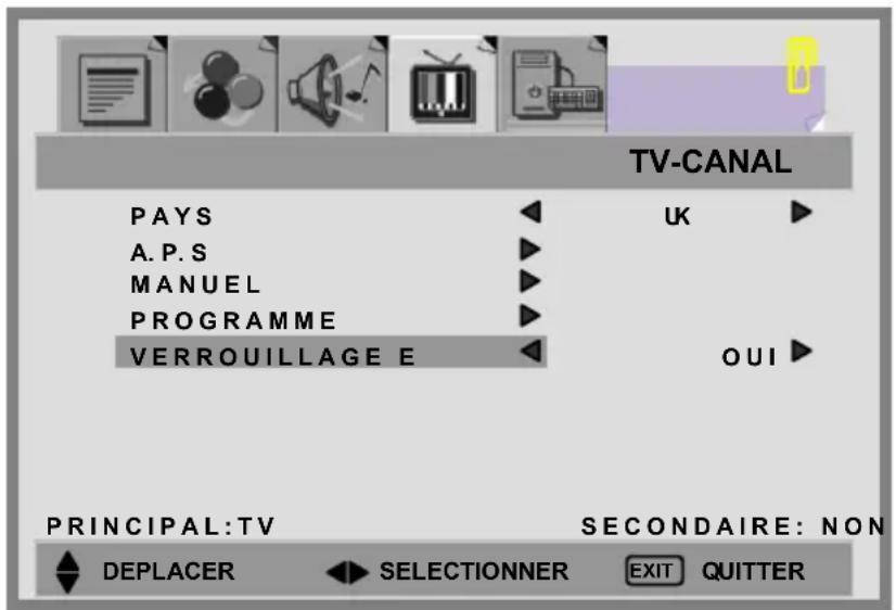 TV-CANAL PAYS A. P. S MANUEL PROGRAMME VERROUILLAGE E UK OUI PRINCIPAL:TV SECONDAIRE: NON DEPLACER SELECTIONNER EXIT QUITTER