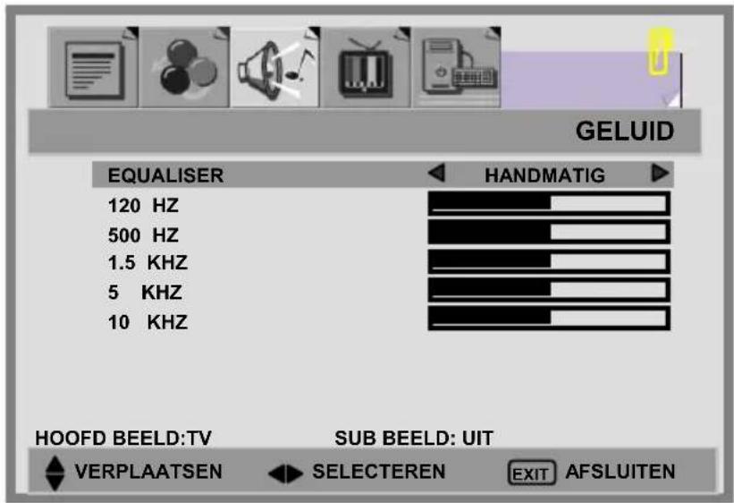 GELUID EQUALISER 120 HZ 500 HZ 1.5 KHZ 5 KHZ 10 KHZ HANDMATIG HOOFD BEELD:TV SUB BEELD: UIT VERPLAATSEN SELECTEREN EXIT AFSLUITEN