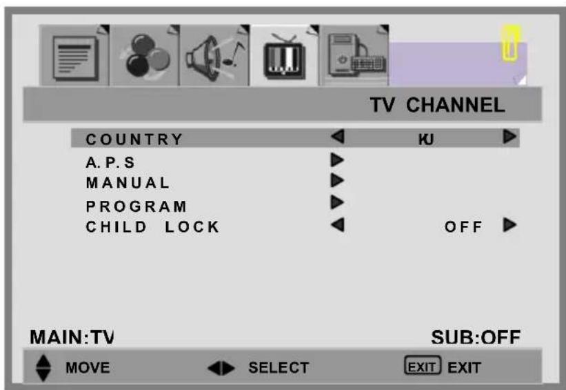 TV CHANNEL COUNTRY A.P.S MANUAL PROGRAM CHILD LOCK KU OFF MAIN:TV SUB:OFF MOVE SELECT EXIT EXIT