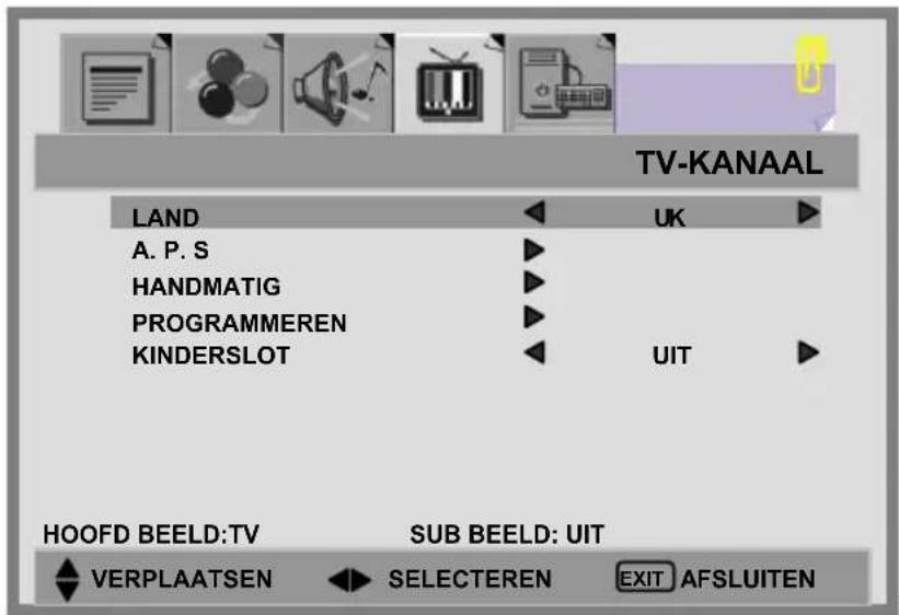 TV-KANAAL LAND A. P. S HANDMATIG PROGRAMMEREN KINDERSLOT UK UIT HOOFD BEELD:TV SUB BEELD: UIT VERPLAATSEN SELECTEREN EXIT AFSLUITEN