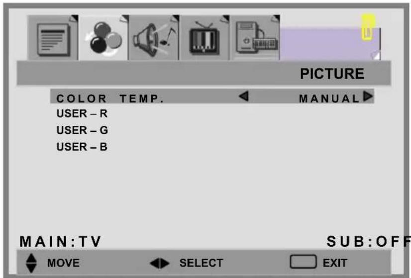 PICTURE COLOR TEMP. USER - R USER - G USER - B MAIN:TV SUB:OFF MOVE SELECT EXIT