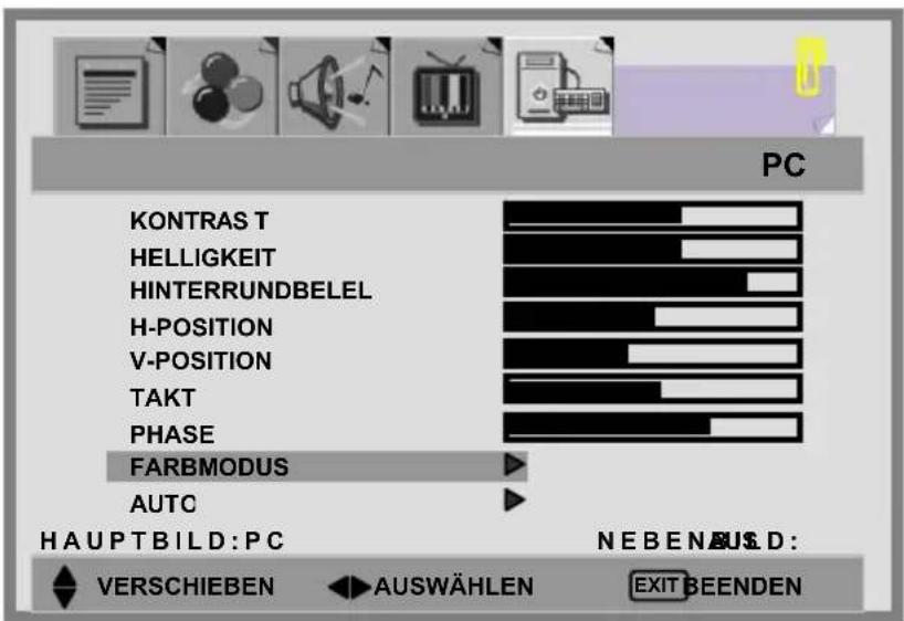 PC KONTRAS T HELLIGKEIT HINTERRUNDBELEL H-POSITION V-POSITION TAKT PHASE FARBMODUS AUTO HAUPTBILD:PC NEBEN AUS D: VERSCHIEBEN AUSWÄHLEN EXIT BEENDEN