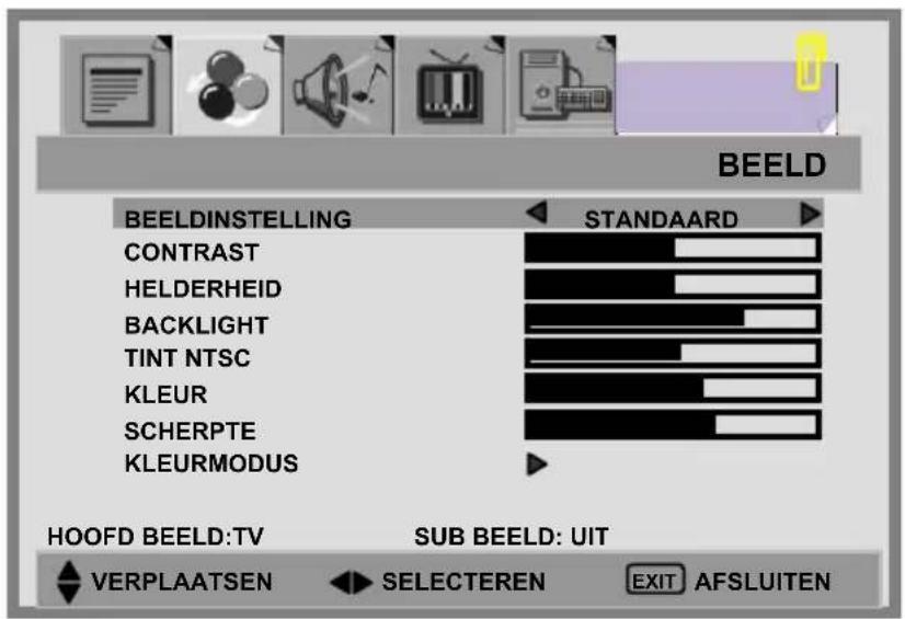 BEELD BEELDINSTELLING STANDAARD CONTRAST HELDERHEID BACKLIGHT TINT NTSC KLEUR SCHERPTE KLEURMODUS HOOFD BEELD:TV SUB BEELD: UIT VERPLAATSEN SELECTEREN EXIT AFSLUITEN