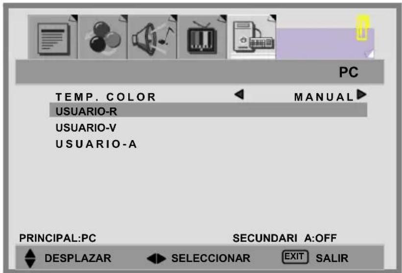PC TEMP. COLOR USUARIO-R USUARIO-V USUARIO-A MANUAL PRINCIPAL:PC SECUNDARI A:OFF DESPLAZAR SELECCIONAR EXIT SALIR