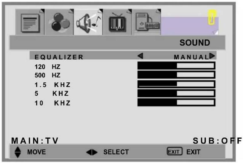 SOUND EQUALIZER 120 HZ 500 HZ 1.5 KHZ 5 KHZ 10 KHZ MANUAL MAIN:TV SUB:OFF MOVE SELECT EXIT EXIT