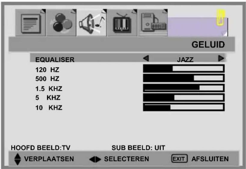 GELUID EQUALISER JAZZ 120 HZ 500 HZ 1.5 KHZ 5 KHZ 10 KHZ HOOFD BEELD:TV SUB BEELD: UIT VERPLAATSEN SELECTEREN EXIT AFSLUITEN