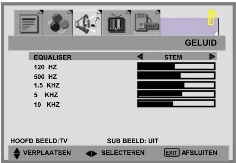 GELUID EQUALISER STEM 120 HZ 500 HZ 1.5 KHZ 5 KHZ 10 KHZ HOOFD BEELD:TV SUB BEELD: UIT ♦ VERPLAATSEN ► SELECTEREN EXIT AFSLUITEN