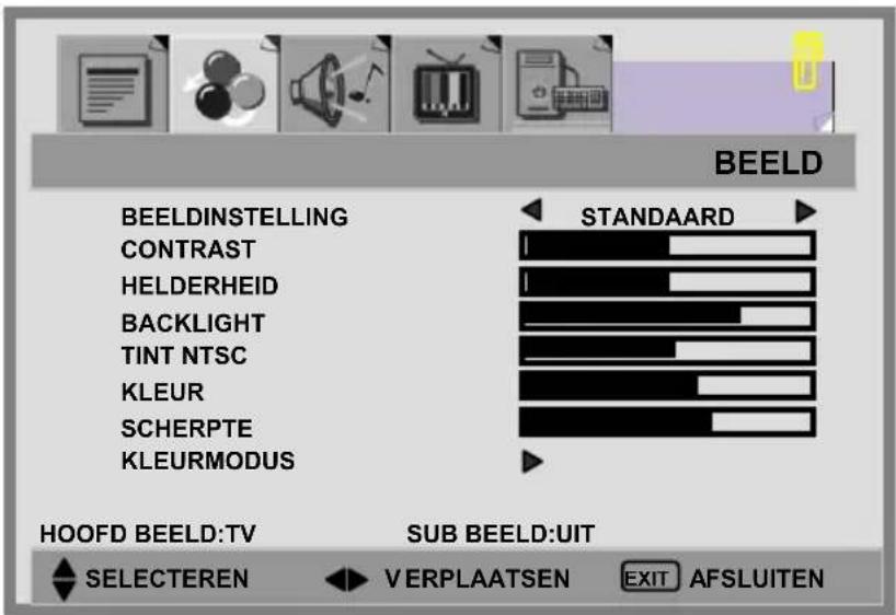 BEELD BEELDINSTELLING CONTRAST HELDERHEID BACKLIGHT TINT NTSC KLEUR SCHERPTE KLEURMODUS STANDAARD HOOFD BEELD:TV SUB BEELD:UIT SELECTEREN VERPLAATSEN EXIT AFSLUITEN