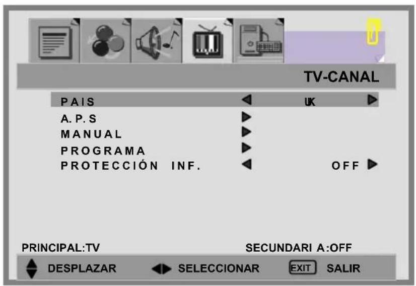 TV-CANAL PAIS A. P. S MANUAL PROGRAMA PROTECCIÓN INF. UK OFF PRINCIPAL:TV SECUNDARI A:OFF DESPLAZAR SELECCIONAR EXIT SALIR